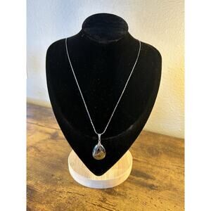 Charcoal Teardrop Pendant Necklace Silver Tone Chain 20” Minimalist Modern